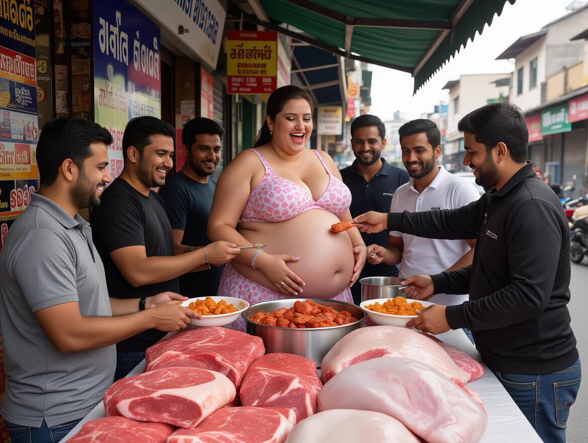 20 men feeding a large bellied pregnant woman meaty foods in a market setting