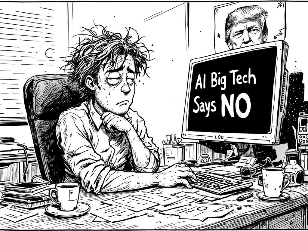 Black-and-white cartoon in underground style. An office worker has messy hair and sweat on forehead. He sits slouched at a messy desk. The desk is covered in coffee stains and scattered papers. The screen shows 'AI Big Tech Says NO'. A background poster features Donald Trump. Detailed line drawing with a hand-drawn look. Rough and satirical image in landscape format.