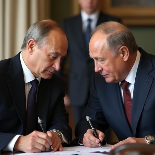 Political meeting between leaders discussing an agreement. Emphasis on the signing process. Formal attire indicates high-level diplomacy. Environment suggests a formal meeting setting. Non-verbal communication prevalent among participants.