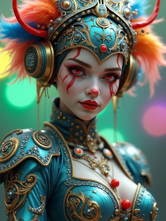 3D young woman styled as a clown. Positioned centrally facing the viewer. Expression is neutral. Clown makeup shows red, white, blue stripes with red eyes. Ornate mechanical transparent clothing and accessories. Elaborate outfit with metallic parts and jewels. Vibrant colors like blue and gold. Background is blurred in green, yellow, and purple hues, suggesting colorful lights. Focus on intricate details of accessories and makeup. Slightly elevated perspective on upper body and face. Balanced composition highlighting costume and makeup.