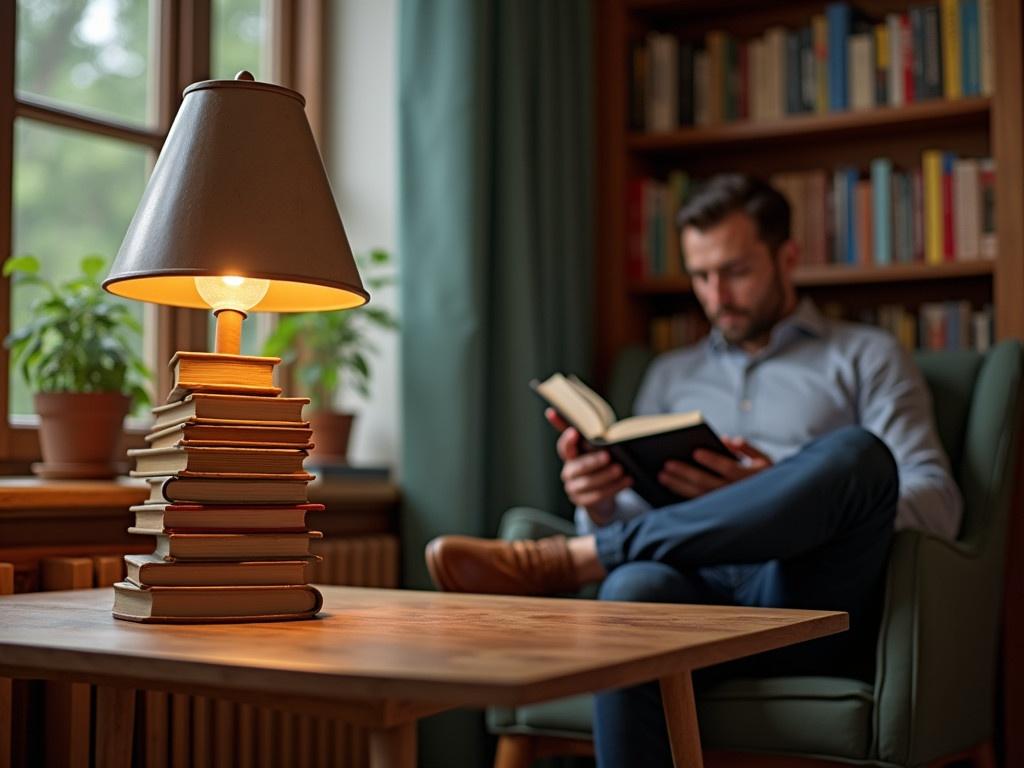 The image portrays a hyper-realistic scene in a cozy reading nook. A man is seated in the background, deeply engrossed in a book, showcasing a relaxed posture with his legs crossed. In the foreground, a stylish lamp designed from stacked books illuminates a wooden table, providing a warm glow. The ambiance is enhanced by soft light filtering through the windows, casting gentle shadows in the room. Bookshelves filled with colorful books line the walls, creating a cozy and inviting reading atmosphere.