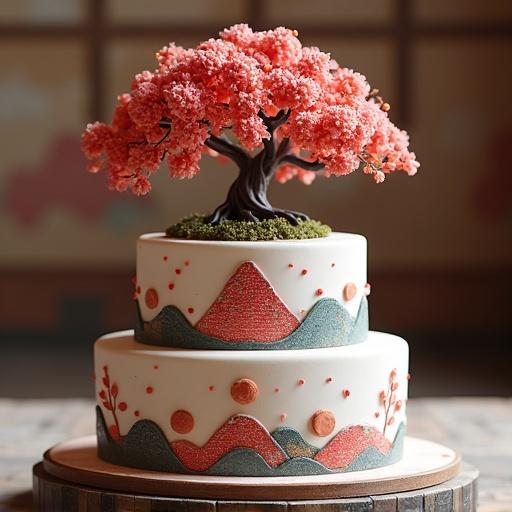 A tiered cake featuring a Japanese motif with a hyper-realistic cherry tree on top. The cake has decorative elements resembling mountains and cherry blossoms.