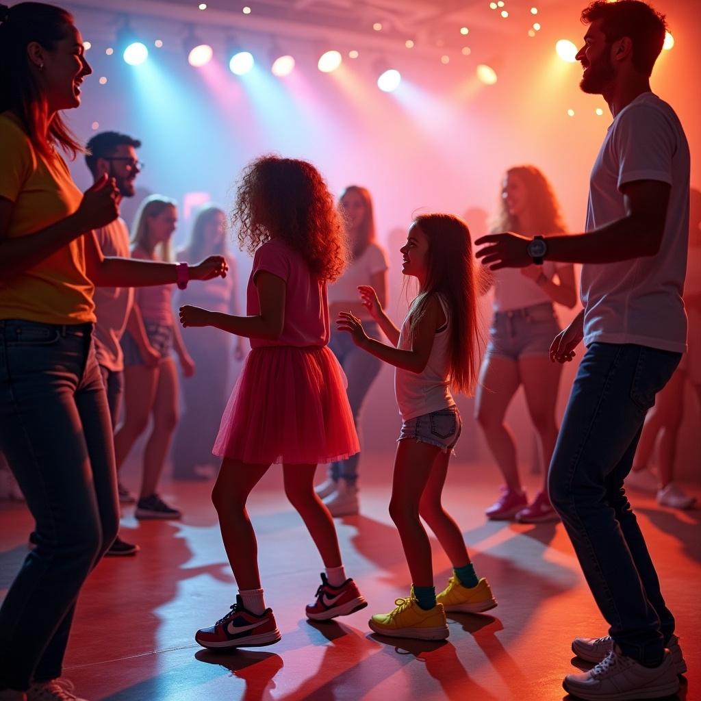 Family members dancing together at a sneaker ball. Children express joy while wearing colorful outfits. Bright lights illuminate the dance floor. A lively atmosphere of celebration.