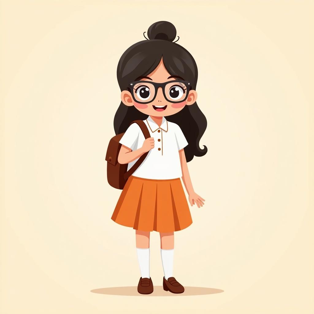 A cheerful girl stands confidently in a school uniform. She has long hair tied up in a bun and wears glasses. The uniform includes a white kurta and an orange skirt. She's holding her school bag close to her chest, showcasing a friendly demeanor. The background is a soft color to highlight the character.