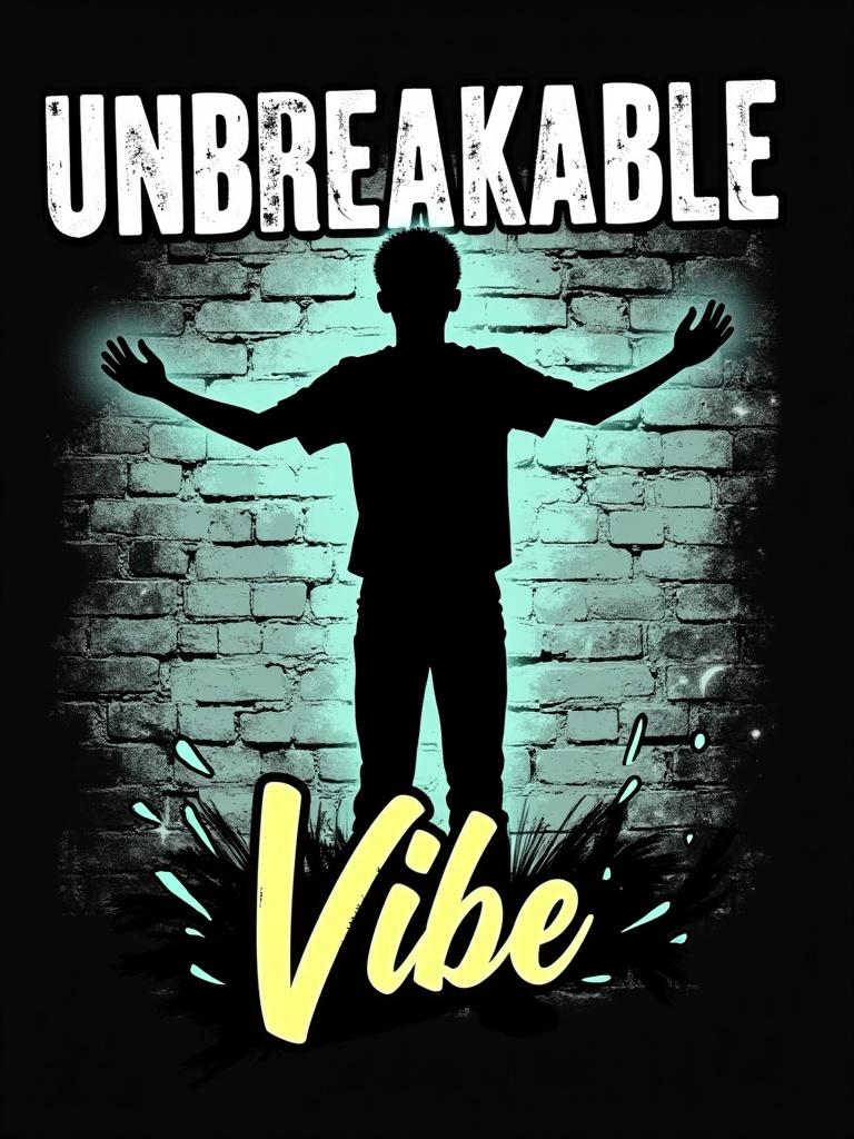 Design featuring a silhouette of a young person standing tall with arms open wide. Text reads 'Unbreakable' above the silhouette in large white bold font and 'Vibe' below in neon yellow. Background shows a faded gray brick wall.