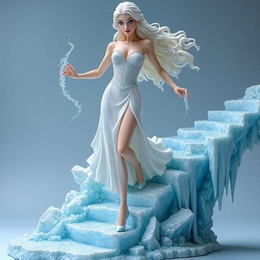 Frozen-inspired resin figurine of an ice enchantress ascending an icy staircase. She has white hair and icy-blue eyes. The dress is white and form-fitting with a plunging neckline. One heel is on a higher step. One hand conjures ice shards. The base has crystals and ice structures.