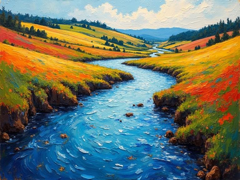 Vibrant river flows through rolling hills. Inspired by Vlaminck. Dynamic Fauvism style. Oil on linen with aggressive brushstrokes. Expressive and alive.