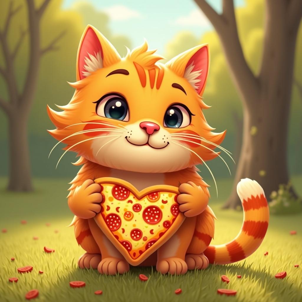 A cat with fur resembling pizza stands in a park. The cat holds a heart-shaped slice of pizza. A detailed background with trees creates a vibrant scene. The style is cartoonish.