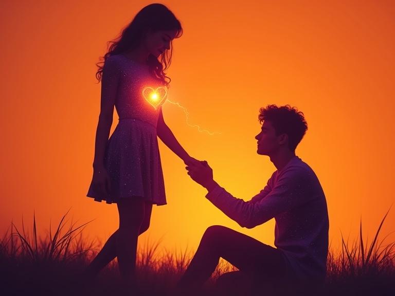 Cosmic-themed silhouette artwork with a young man and woman holding hands. Textured bodies with a deep purple starry sky. Glowing hearts visible on chests. Orange energy thread connecting them. Warm, surreal atmosphere with smooth orange gradient.