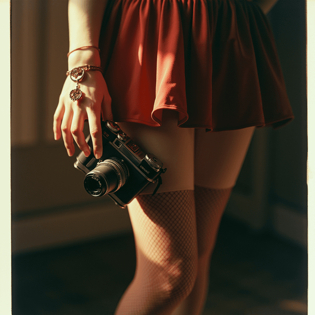 A person wearing a red skirt and fishnet stockings holds a camera by their side, with soft lighting casting gentle shadows.