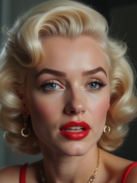 Image showcases a vintage hairstyle reminiscent of classic Hollywood glamour. Features soft curls and luxurious golden blonde tones. The subject wears a vibrant red outfit, enhancing the overall vintage aesthetic. A lavish gold necklace adds elegance. The image captures the essence of femininity and sophistication in hairstyle.