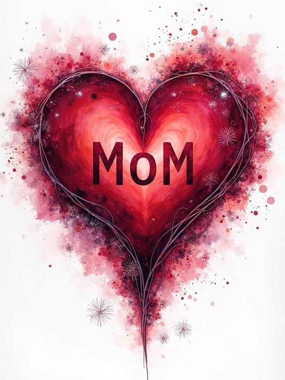 A mixed media artwork with text saying MOM. A large deep red heart shape in Celtic symbol style with fluid lines. Intricate detailing with vibrant hues of red, silver, and pink. Ethereal atmosphere created by color blending and snowflake effects.