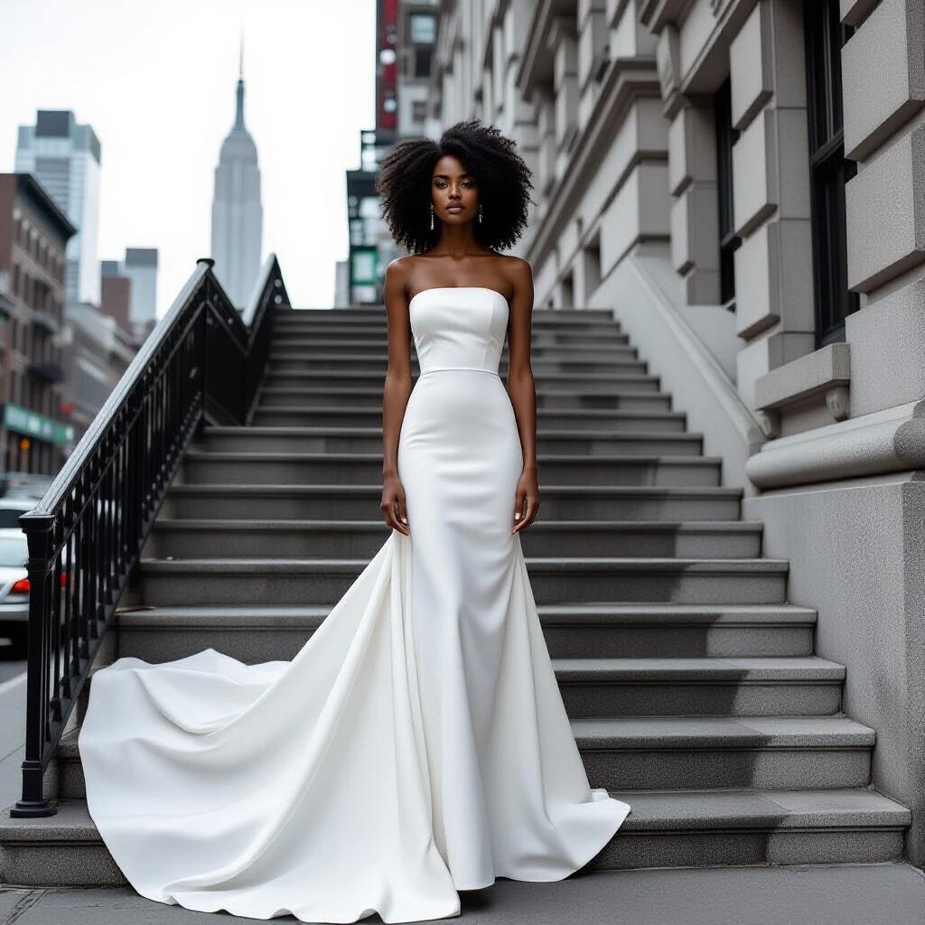 Black and white image of a dark-skinned model standing on stairs. Model wears strapless white dress. Long dress extends down the steps. Building in New York City is in the background.