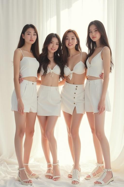 Four members of a K-pop girl group pose together in white outfits. The background is soft and bright, giving an angelic feel. Their vibrant expressions capture the excitement of their debut.
