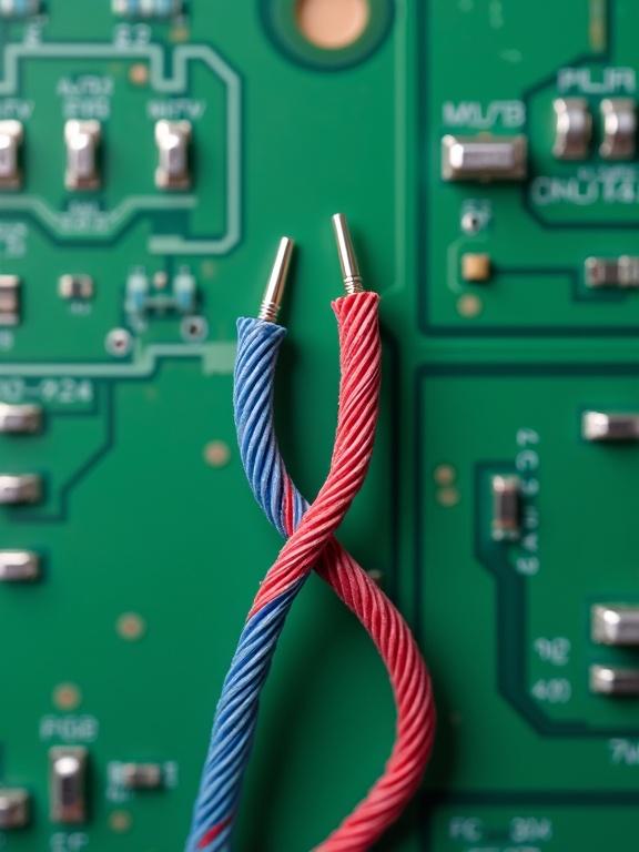 A pair of twisted wire with blue and red color, placed on a green PCB.