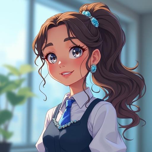 Anime character in a futuristic school setting. Little girl with luxurious light brown curly ponytail. She has silver eyes, wearing a cute international school uniform. Dressed in expensive light blue diamond jewelry. Spring morning atmosphere in Tokyo.