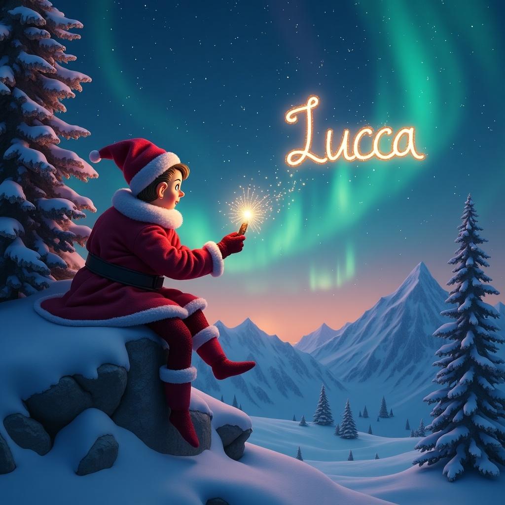 A traditional red elf on the shelf is depicted in the snowy mountains of the North Pole. The elf is sitting on a rock, wearing a classic red outfit, surrounded by snow-covered trees. In the night sky, the elf is using a magic wand to write the name 'Lucca', which glows with a warm light. The background features beautiful northern lights, showcasing colors of red, cerulean, and purple cascading across the horizon. The entire scene has a magical and festive atmosphere, perfect for the holiday spirit.