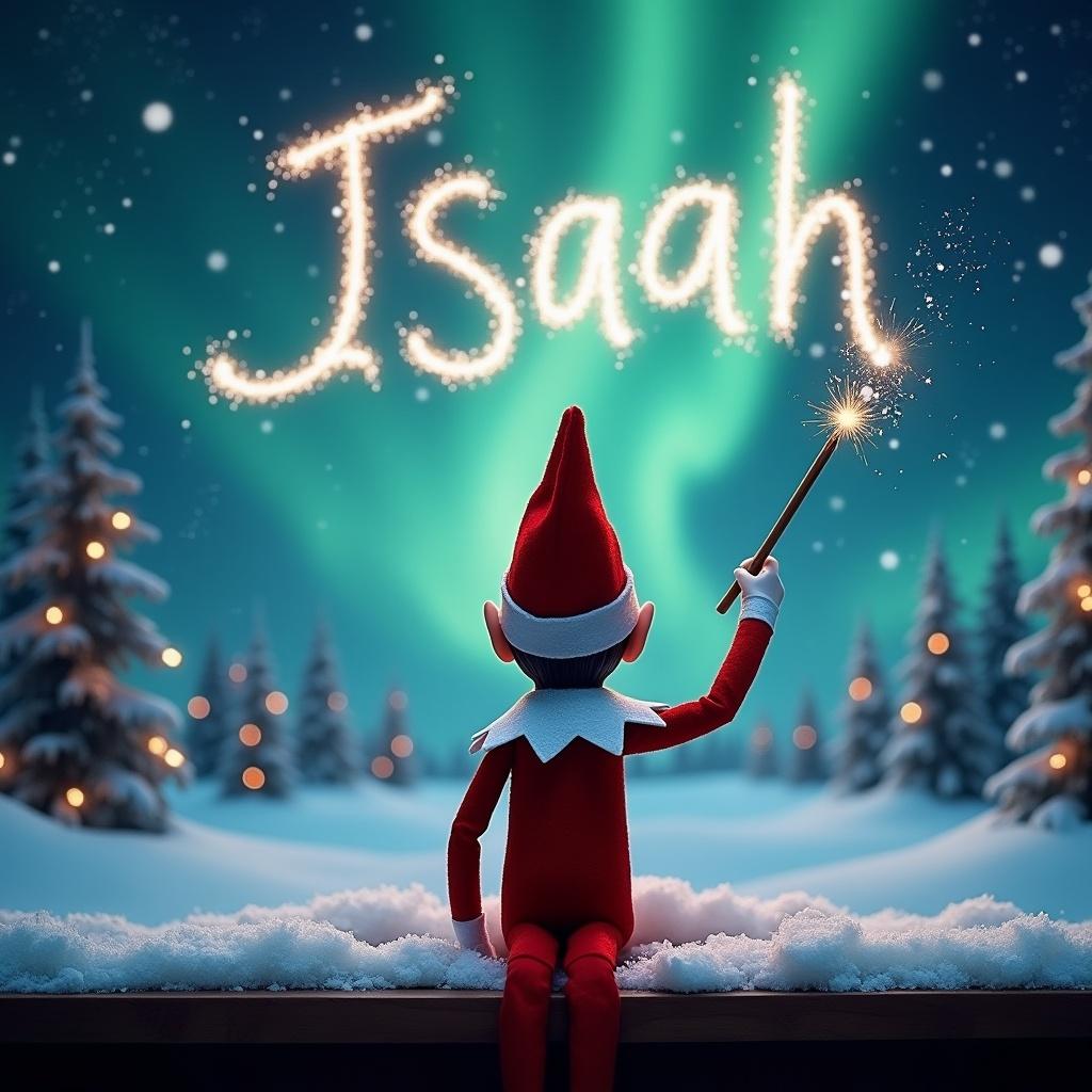 Elf character facing the sky. Wand in hand. Writing name in the sky. Background has northern lights and Christmas elements. Snowy landscape.