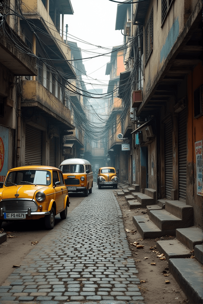 A narrow street with cobblestones features vintage yellow vehicles and old buildings.