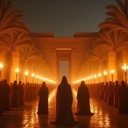 Wide shot of an ancient Egyptian temple courtyard at night filled with torches. A solemn crowd including men, women, children, and soldiers in Pharaonic garments stand in silence. Massive columns and palm trees in the background. Architecture is hyper-detailed with engraved walls and glowing firelight creating a sacred atmosphere.