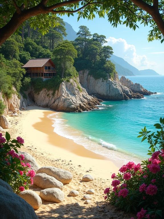 Scenic tropical coastal landscape with a golden beach and turquoise ocean. House on the cliff, surrounded by trees. Bright pink flowers in the foreground. Tall cliffs in the background. Sunny sky with fluffy clouds. Calm water lapping at the shore. Perfect for an exotic getaway.
