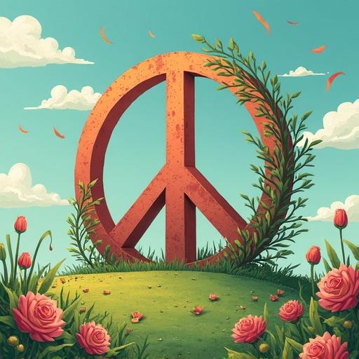 A peace symbol shaped by greenery and flowers on a sunny day. Bright colors depict a positive and serene atmosphere.
