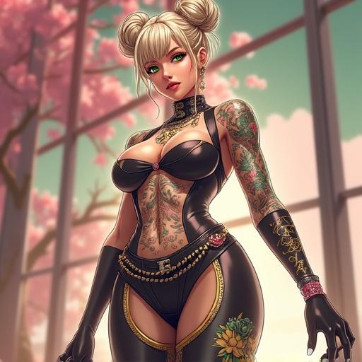 Anime character in a luxurious Louis Vuitton store. Features a woman with emerald green eyes and oversized light blonde French bun. Dressed in edgy streetwear, showcasing tattoos, a cybernetic leg, and jewelry. Surrounded by cherry blossoms, reflecting elegance and a modern aesthetic.