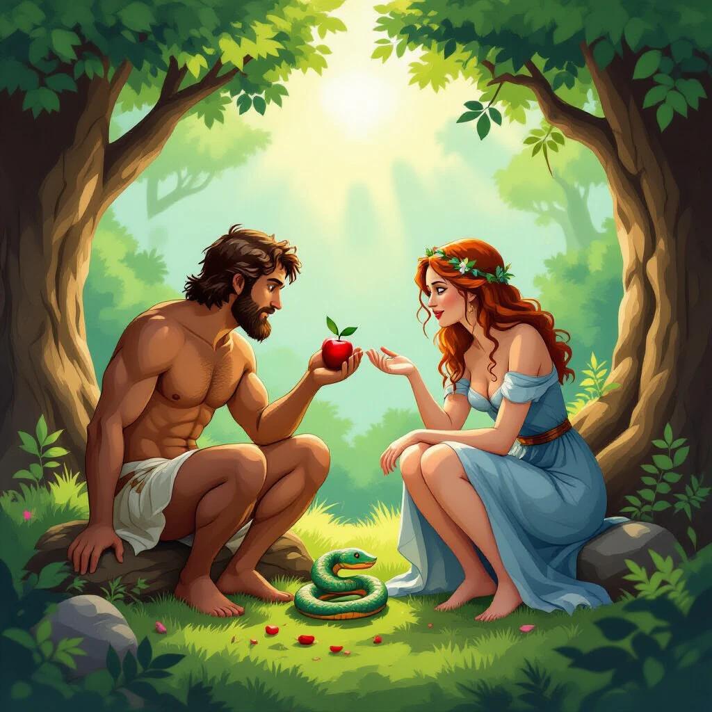 Illustration of Adam and Eve in Garden of Eden. Adam holds an apple while Eve extends her hand. Serpent on the ground. Lush trees surround the scene. Soft sunlight filters through. Character expressions convey temptation and curiosity.