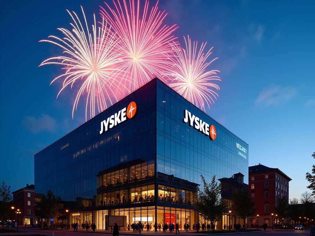 The image features a modern glass bank building with the logo of Jyske Bank prominently displayed. At the top of the building, vibrant fireworks burst in various colors against the evening sky. The glass facade of the building reflects the bright colors of the fireworks, enhancing the celebratory atmosphere. People can be seen below, enjoying the display and celebrating an event. The combination of the elegant architecture with the lively fireworks creates a dynamic scene.