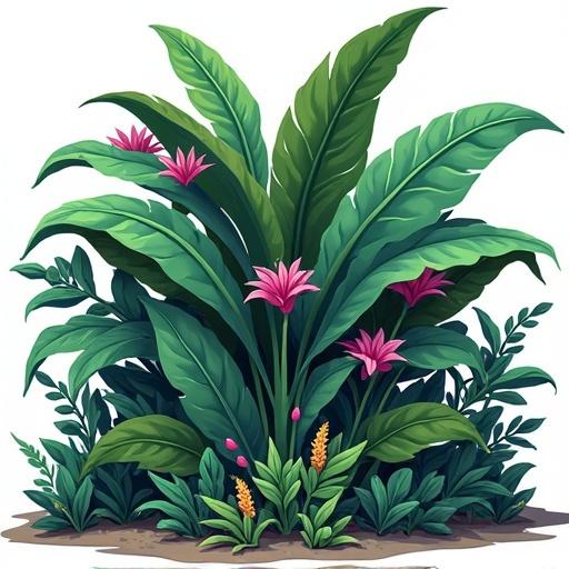 Game asset for jungle environment. Features dense bush with large leaves. Includes exotic flowers in magenta. Style is low-poly and hand-painted. Transparent background.