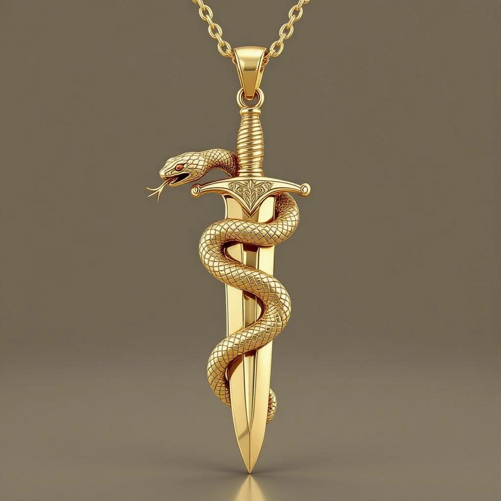 Detailed graphic image of a gold pendant jewelry piece featuring a snake coiling around a dagger blade. The snake's head reaches behind the hilt and the handle. The dagger is held upright from a chain with a ring at the hilt's top. Front view, gold color. Design for jewelry creation.
