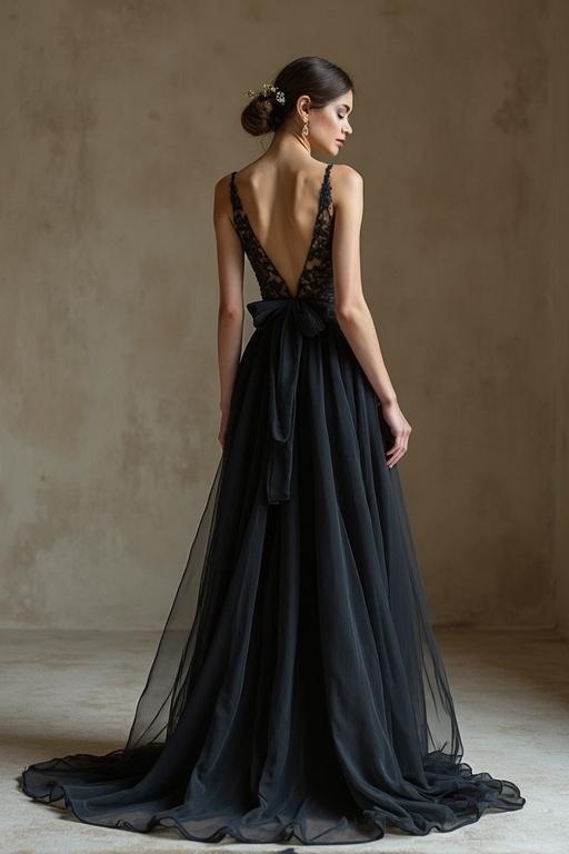 Image of a black gown displayed from the back. The dress has a low cut with floral details. The fabric appears lightweight and flows elegantly. A bow is tied at the waist. Model has long hair styled elegantly. Background is a simple beige wall, creating a soft ambiance.