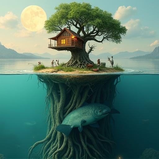 Intricate diorama of a surreal landscape showing a cross-section of land and water. The top features an island with a large ancient tree and an illuminated wooden treehouse. Tiny figures and a canoe are present. A large heron stands by the shore. The moon is full in a gentle sky with clouds. Underwater, a colossal fish swims among detailed tree roots. Photorealistic and whimsical scene representing a micro-world.