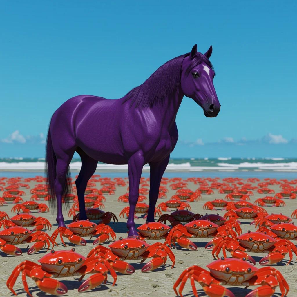 A purple horse stands in a sea of crabs on the beach. Crabs surround the horse on sandy ground. Clear blue sky enhances the scene. Horse appears calm amidst the lively crabs. Colorful and imaginative image design.