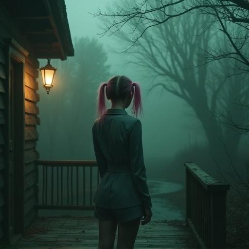 A young woman with pink twin-tails stands on a wooden porch of an old cabin. She wears a grey suit and shorts. The scene features thick fog and a dark well in the background with shadows. A dim lantern illuminates the scene, creating an eerie atmosphere.