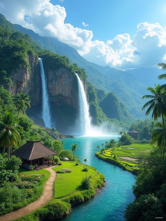 Breathtaking tropical paradise with a winding river and powerful waterfall. Lush greenery surrounds a flower garden and rice paddies. A small hut sits under a bright blue sky. Scene exudes peace and freshness. The waterfall cascades from a steep cliff that has rugged features partially covered with trees. The calm river reflects the sky. A well-kept lawn is next to the hut. A curved dirt path leads to the hut. A flower garden is full of colorful flowers. Expansive rice paddies stretch into the distance. Palm trees dot the landscape. Majestic mountains rise in the background. The vivid blue sky is adorned with cumulus clouds. The scene is a perfect blend of natural grandeur and cultivated beauty.