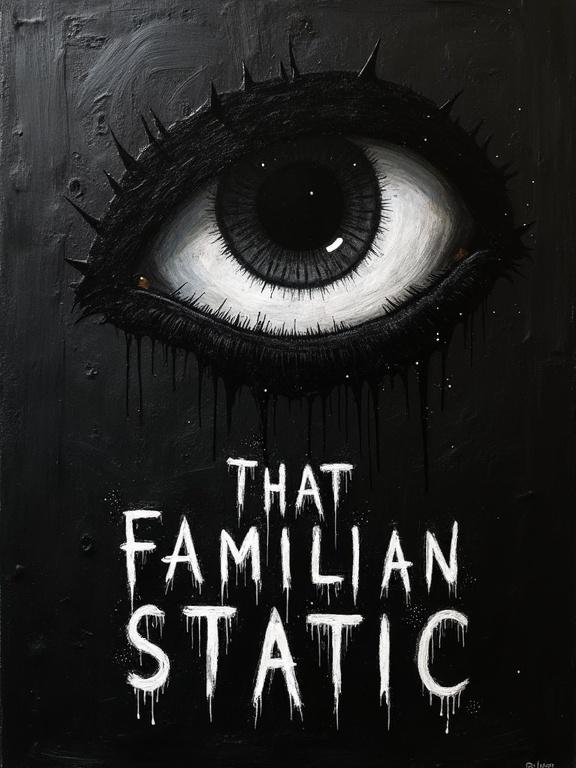 Rough oil sketch on textured black background. Giant silhouette eye in top right. Eye filled with cosmic void. White distorted shadows below eyelid spell out 'That Familiar Static' in rough lettering.