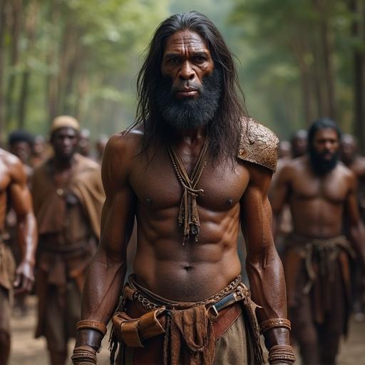 Neanderthals wearing leather clothing. Muscular figures in a natural setting. Earth tones dominate the scene. Prehistoric life representation.