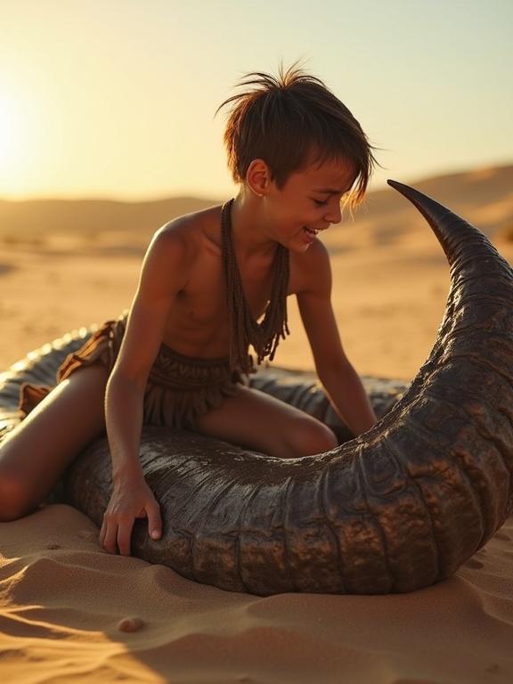 A young tribal warrior lays on a large worm-like creature in the desert. She is tanned with shiny skin and short hair. The sun is low on the horizon. Sand blows in the wind.