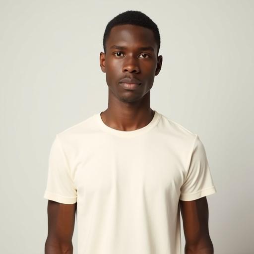 High resolution photorealistic portrait of a male wearing a cream-colored short-sleeve T-shirt. Full frontal view. Clean-shaven face with a neutral expression. Smooth skin texture. Illuminated with soft frontal light. Simple solid background. Sharp details and realistic tones.