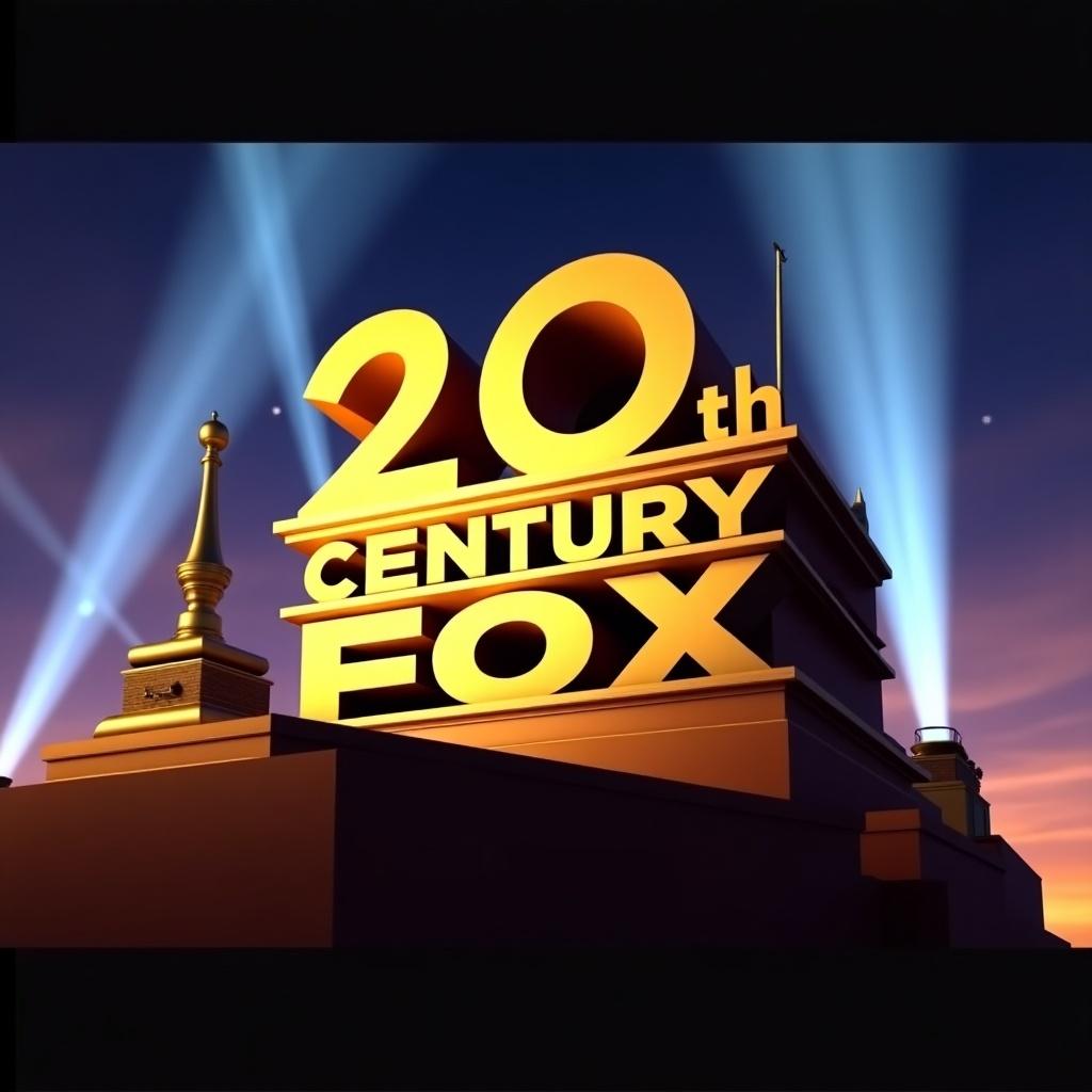 The image shows a logo inspired by a famous film company. It reads '50th ANNIVERSARY'. The background has dramatic colors creating a cinematic feel. Bright beams of light shine from the logo giving it grandeur. The logo suggests a connection to film production and media identity.