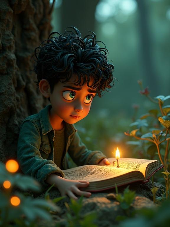 A child with curly hair reads an old book in a muted forest. Candlelight glows softly while plants surround the scene. Emotions of curiosity and wonder are present.