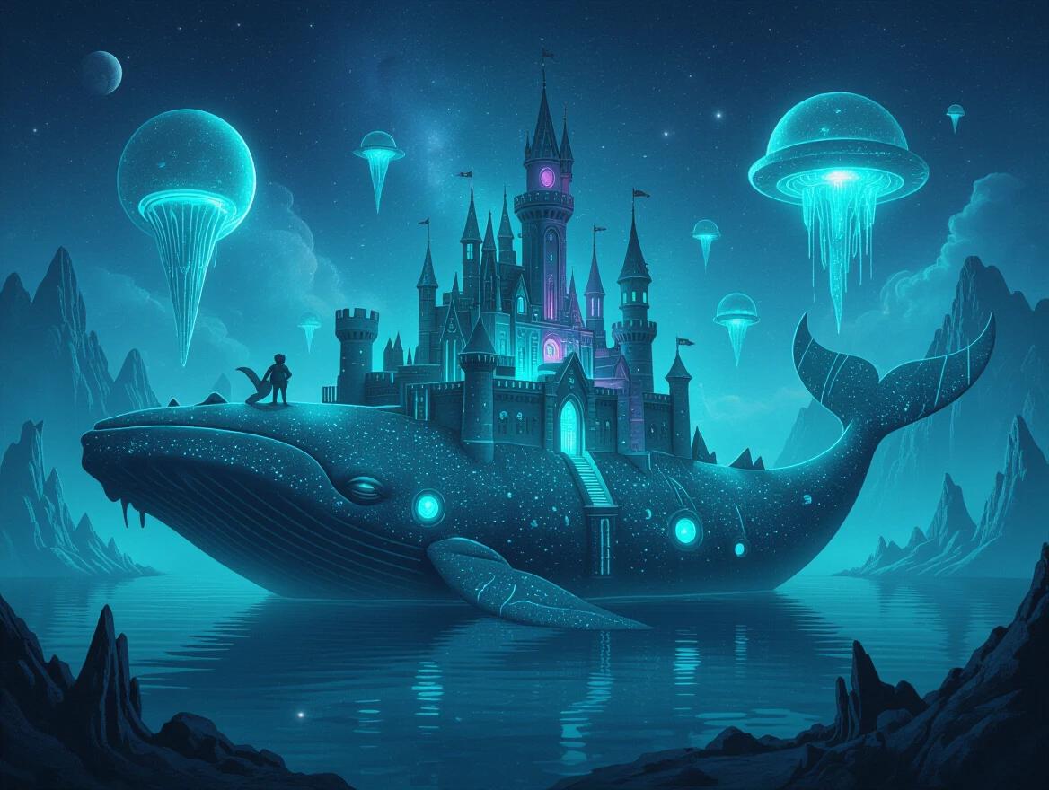 A surreal castle emerges from the back of a sleeping whale. The scene has an alien aesthetic with otherworldly forms and bioluminescent textures. The atmosphere is cosmic and includes mysterious structures with futuristic organic shapes glowing in an unearthly manner.