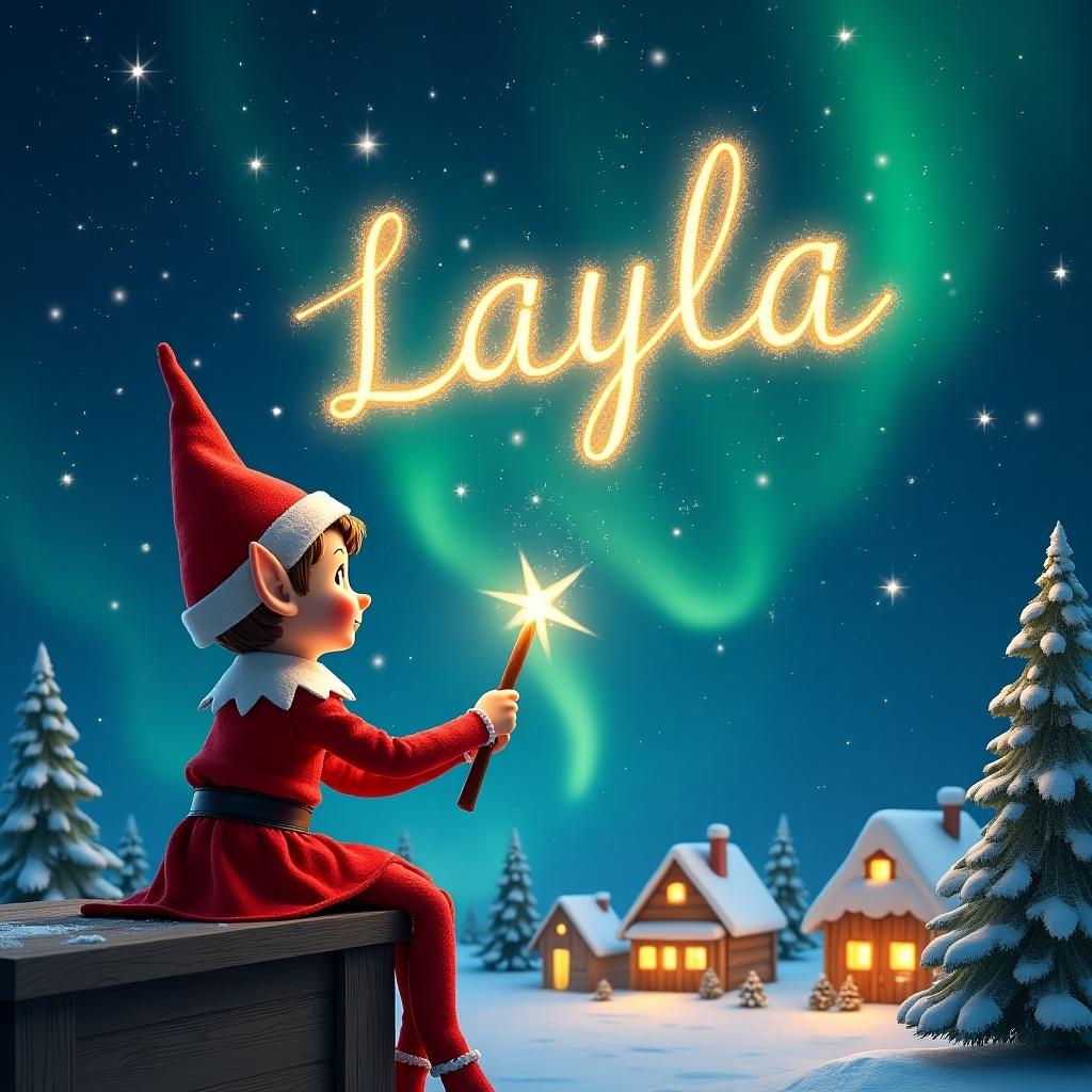 An elf uses a magical wand to write the name Layla in sparkling letters against a starry night sky. The elf gazes at the magical sky wearing a vibrant red outfit and pointed hat. It holds a glowing wand and writes in shimmering letters. Below, a charming landscape features little houses and evergreen trees, illuminated by enchanting Northern Lights. The elf creates an atmosphere rich in childhood magic and Christmas spirit.