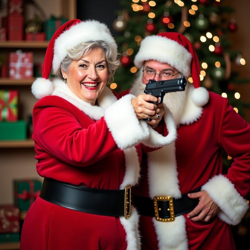 The image depicts a playful and humorous holiday scene featuring Mrs. Claus and Santa Claus. Mrs. Claus is confidently holding a gun, aiming it with a smile, while Santa stands behind her looking amused. Both are dressed in classic red and white Christmas outfits, with a decorated tree and wrapped gifts in the background. The warm lighting creates a festive atmosphere. This scene captures a whimsical twist on the traditional holiday image, evoking laughter and surprise.