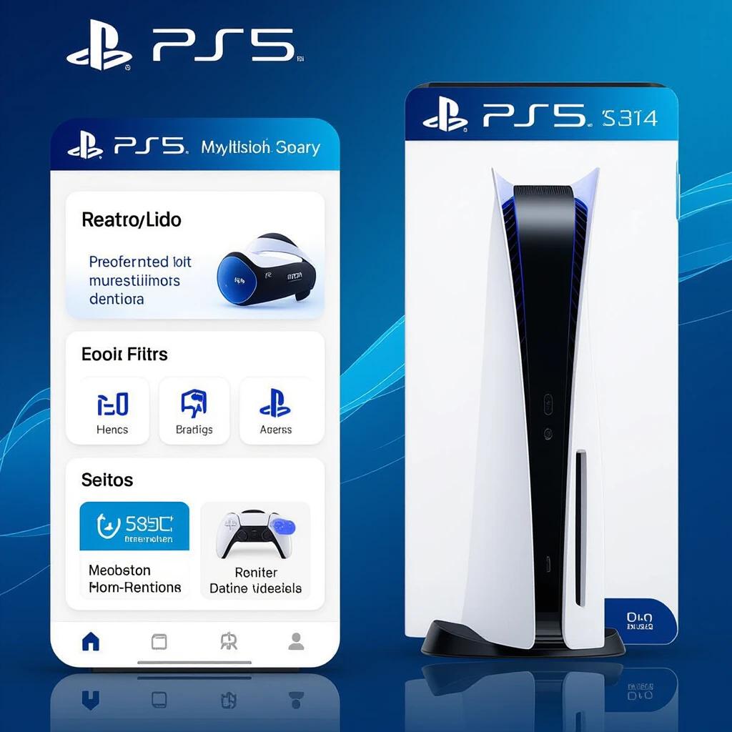 Show the PlayStation 5 console front view alongside an app interface. The console has a sleek design with black and white colors. The app features sections for settings and features geared towards gamers.