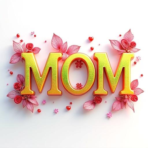 3D render of the name MOM in flowing calligraphic style. Letters shimmer with gradient colors. Vibrant yellow lush green playful pink silver glitter. Floral patterns and heart motifs embedded in design. Iridescent fairy wings surround the name. Miniature red roses scattered. Radiant pink silver stars surround the scene. Whimsical arrangement on a clean white background. Soft diffused studio lighting enhances the details.