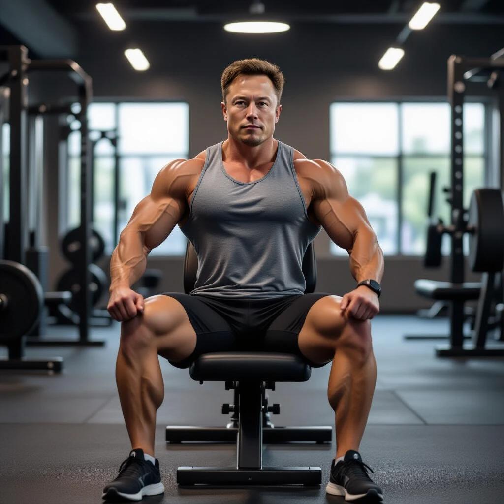 Jacked physique athlete seated on leg extension machine. Flexing well-defined quads. Wearing sleeveless gym tank top and shorts. Muscular vascular legs. Professional gym setting with dramatic lighting. Hyper-realistic style emphasizing strength.
