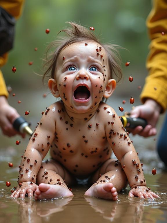A hyper-realistic scene shows a distressed baby in a muddy puddle. The baby has blue eyes and brown hair, completely covered in red ladybugs. Wide-open mouth in shock, crawling insects all over body. Two rescue workers in yellow uniforms spray the baby with a bottle.