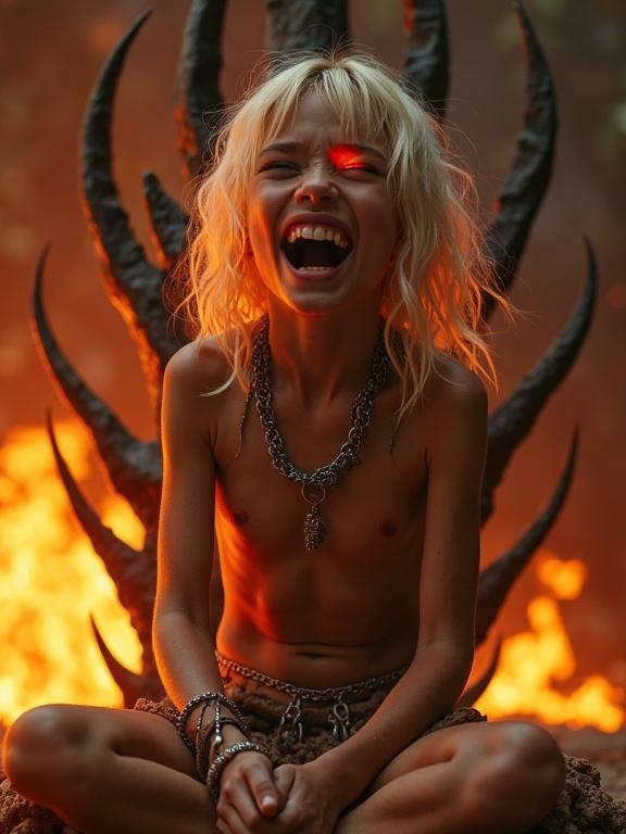 Close up of a young girl with tribal features sitting on a fire throne. She has long blonde hair and glowing red eyes. Her skin is shiny and sweaty. Wearing a tattered loincloth made of silver chains. She is screaming joyfully, holding a burning stick above her head. Demons are kneeling around her. She looks fierce yet beautiful.